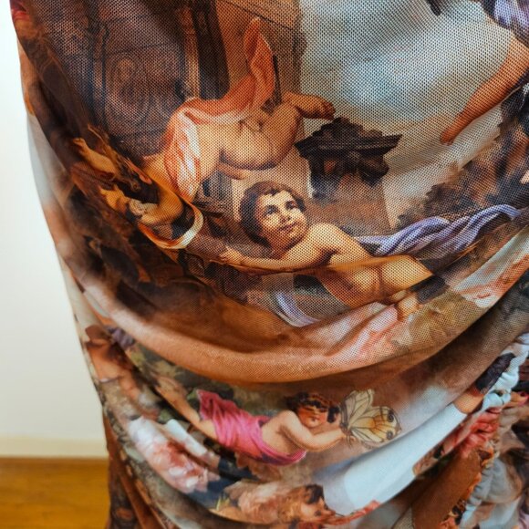 Woman's Shien whimsy boho-chic cherub art print side ruche razerback midi dress - Picture 5 of 11